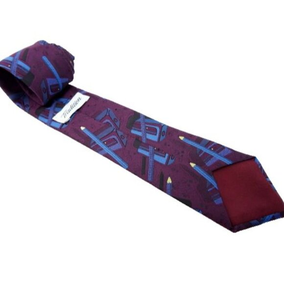 Back To School Teacher Tie Maroon Blue Pencil Vintage Necktie - Picture 3 of 4